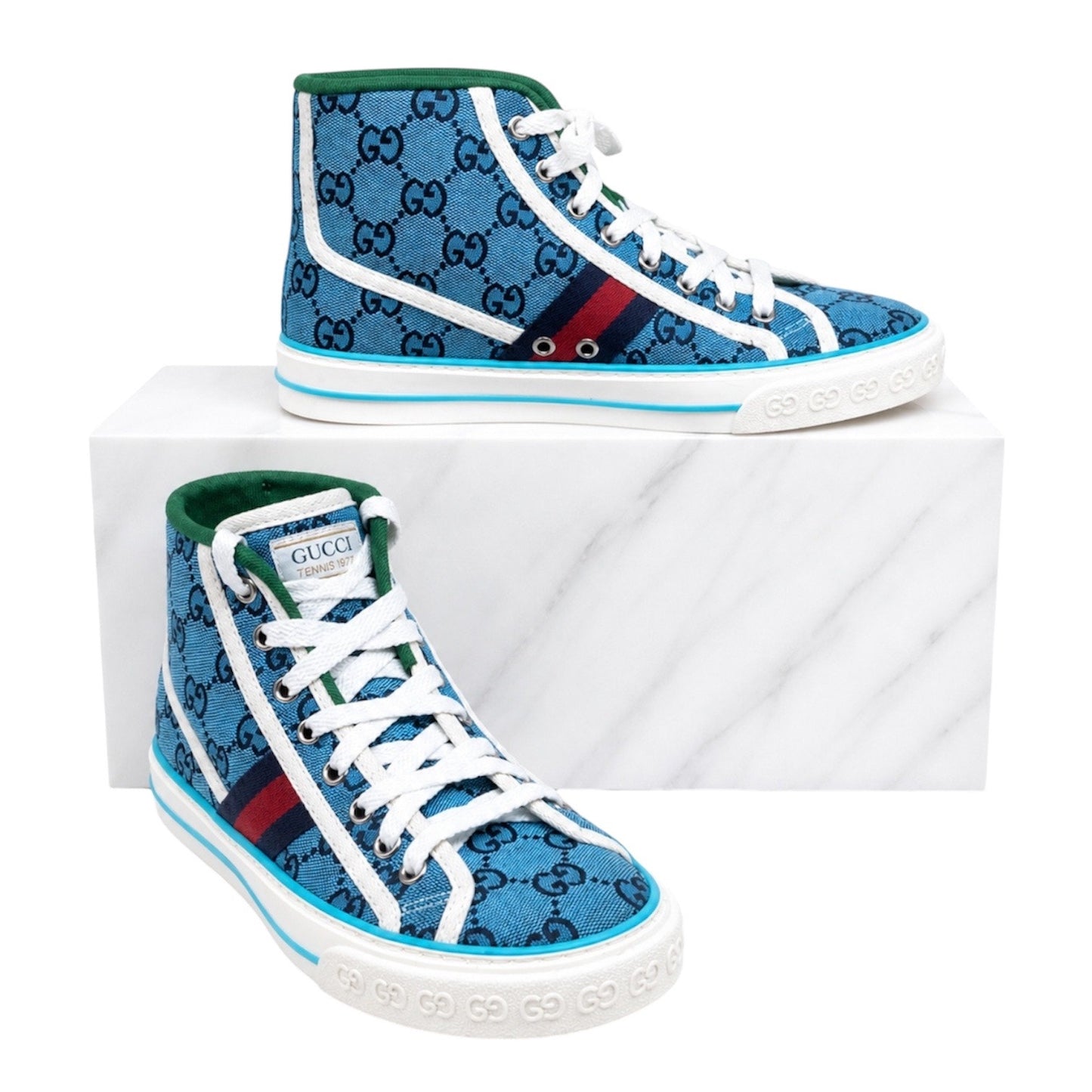 Gucci Tennis 1977 High Top Sneakers Turquoise Navy Logo Monogram Size 37