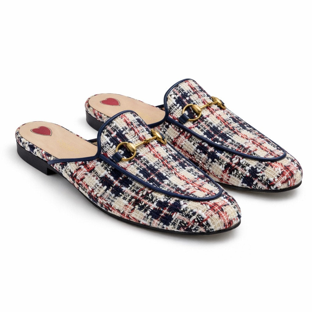 Gucci Princetown Tweed Mules Horsebit Gardenia Ink Blue Size 36.5