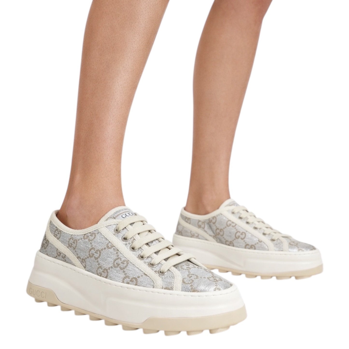 Gucci Tennis 1977 Treck GG Monogram Flatform Sneaker Silver Size 36