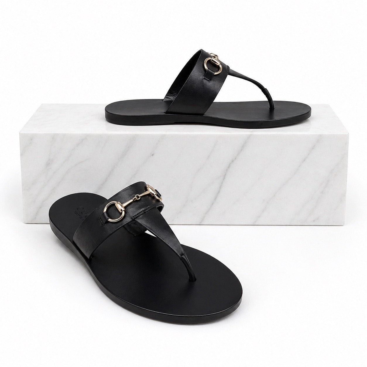 Gucci Horsebit Calf Leather Thong Sandal Slide Black Silver Size 37.5