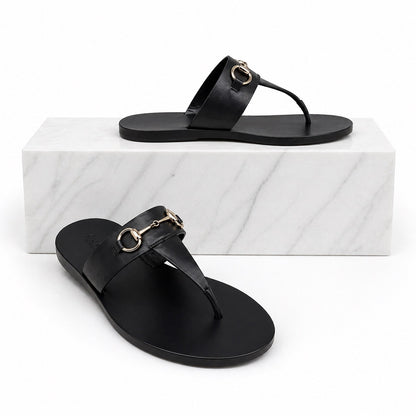 Gucci Horsebit Calf Leather Thong Sandal Slide Black Silver Size 37.5