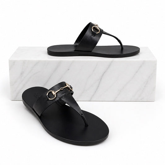 Gucci Horsebit Calf Leather Thong Sandal Slide Black Silver Size 37.5