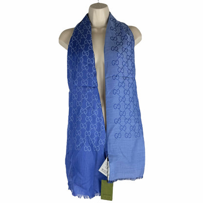 Gucci Wool Silk GG Monogram Light Jacquard Scarf Two Tone Blue