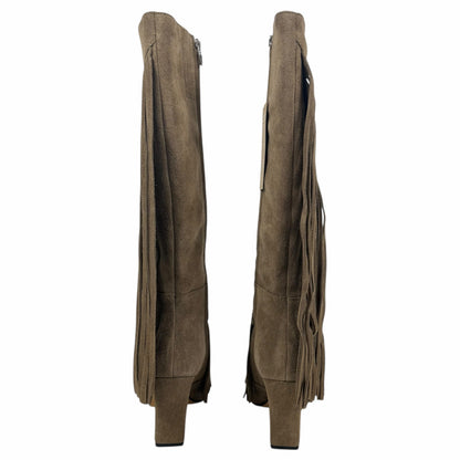 Dolce Vita Giano Fringed Knee High Heeled Boots Olive Suede Size 7.5