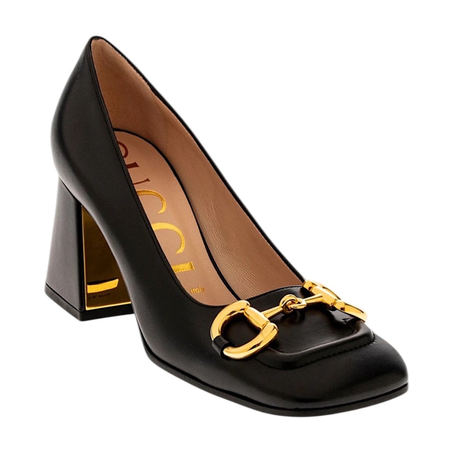 Gucci Horsebit Square Toe Leather Pump Block Heel Black Gold Size 41
