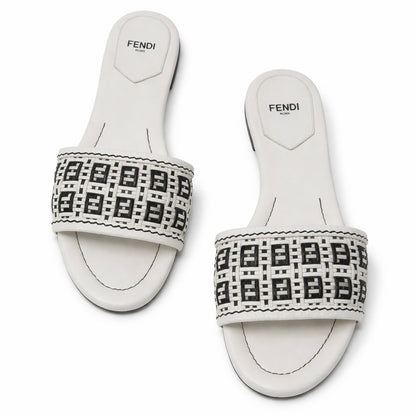 Fendi Rafia Weave Logo Leather Slide Sandal White Black Size 38.5