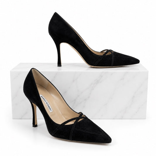 Manolo Blahnik Criss Cross Pointed Toe Suede Pump Black Size 40