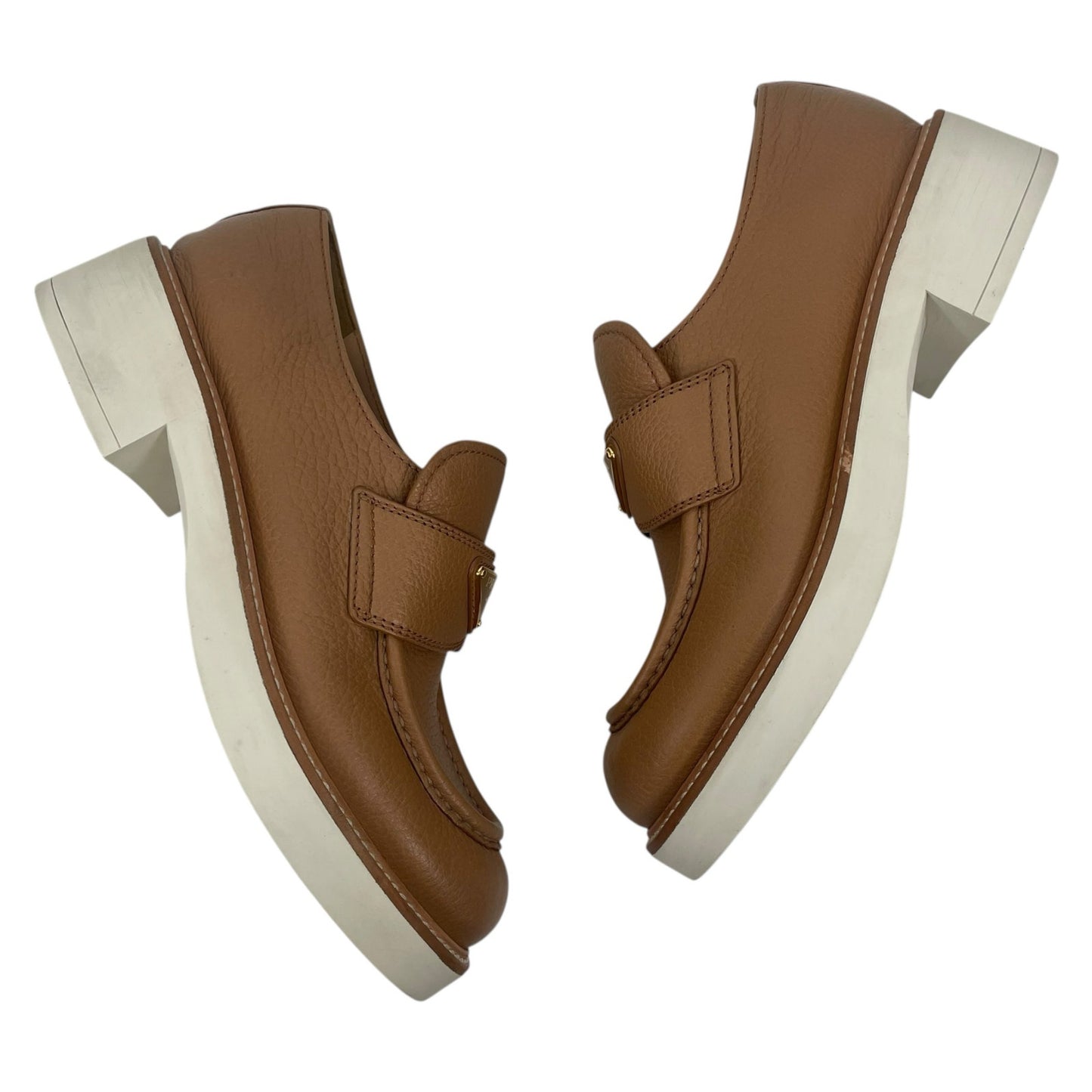 Prada Triangle Logo Pebble Leather Platform Loafer in Brown Size 37.5
