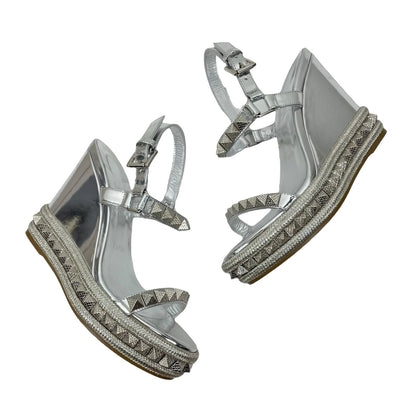 Christian Louboutin Pyraclou Metallic Spike Wedge Sandals Silver Size 37