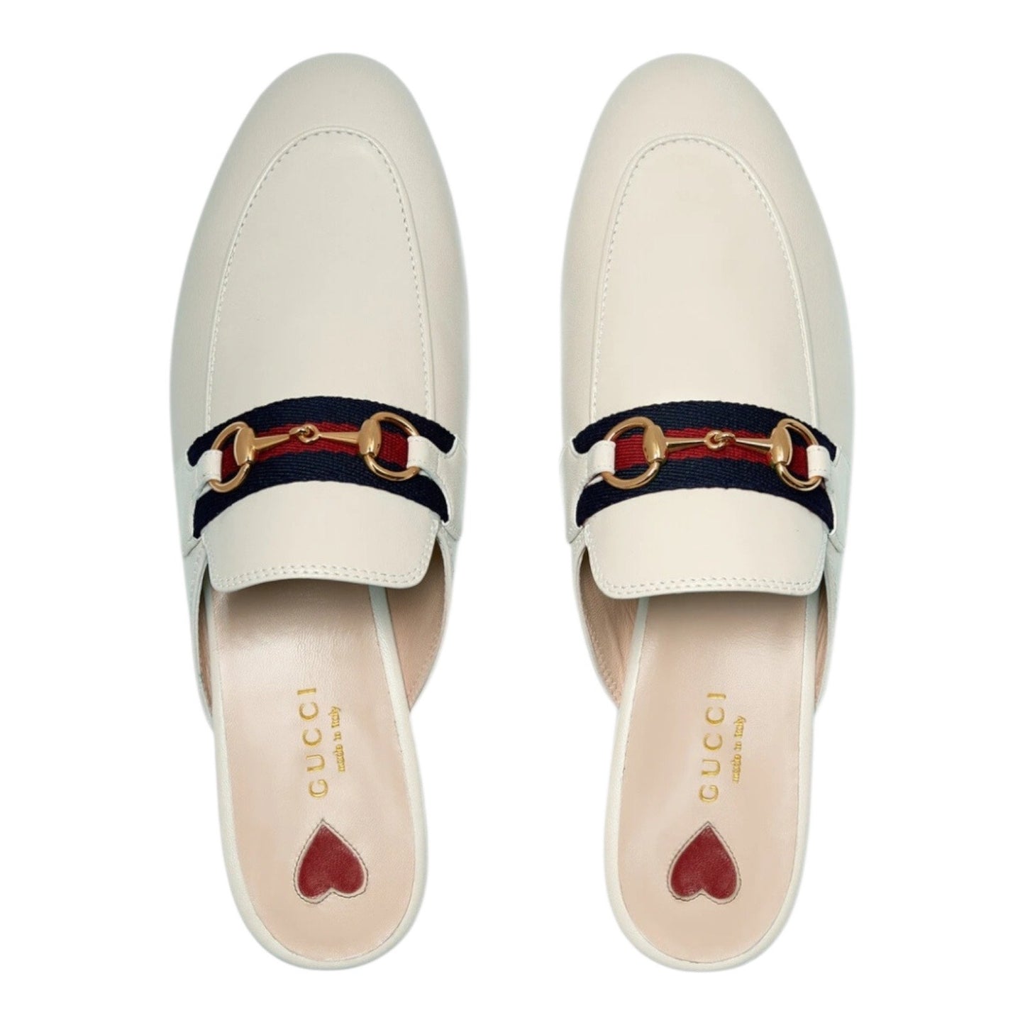 Gucci Princetown Web Leather Slide Mules Gold Horsebit White Size 38