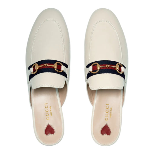 Gucci Princetown Web Leather Slide Mules Gold Horsebit White Size 38