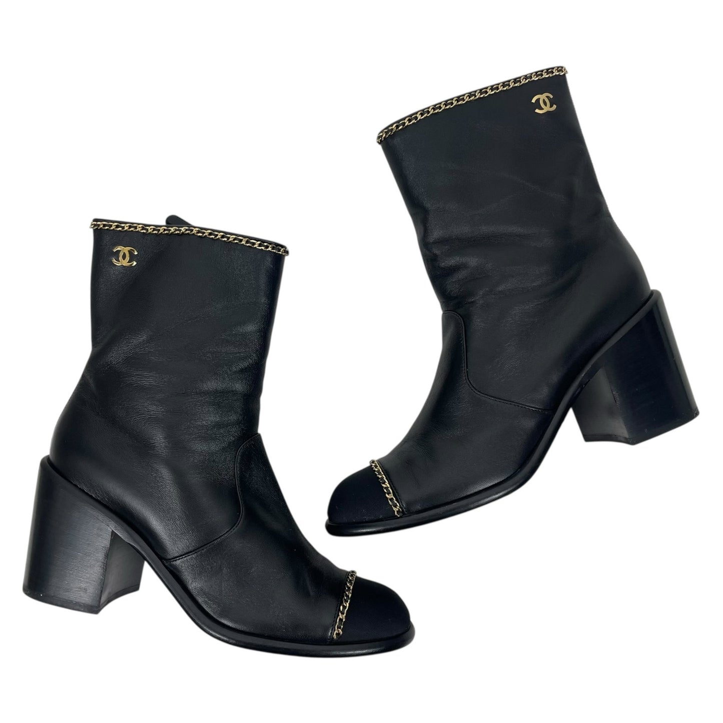 Chanel Coco Mark Logo Cap Toe Chain Short Leather Boots Black Size 39