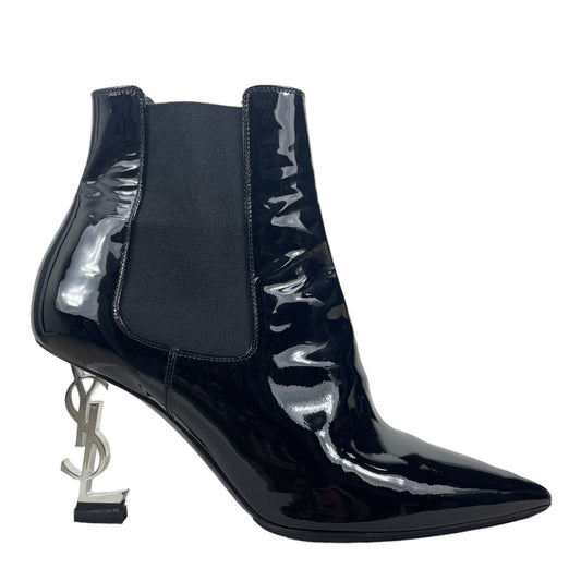 Saint Laurent Opyum Logo Heel Boots Patent Leather Black Size 39