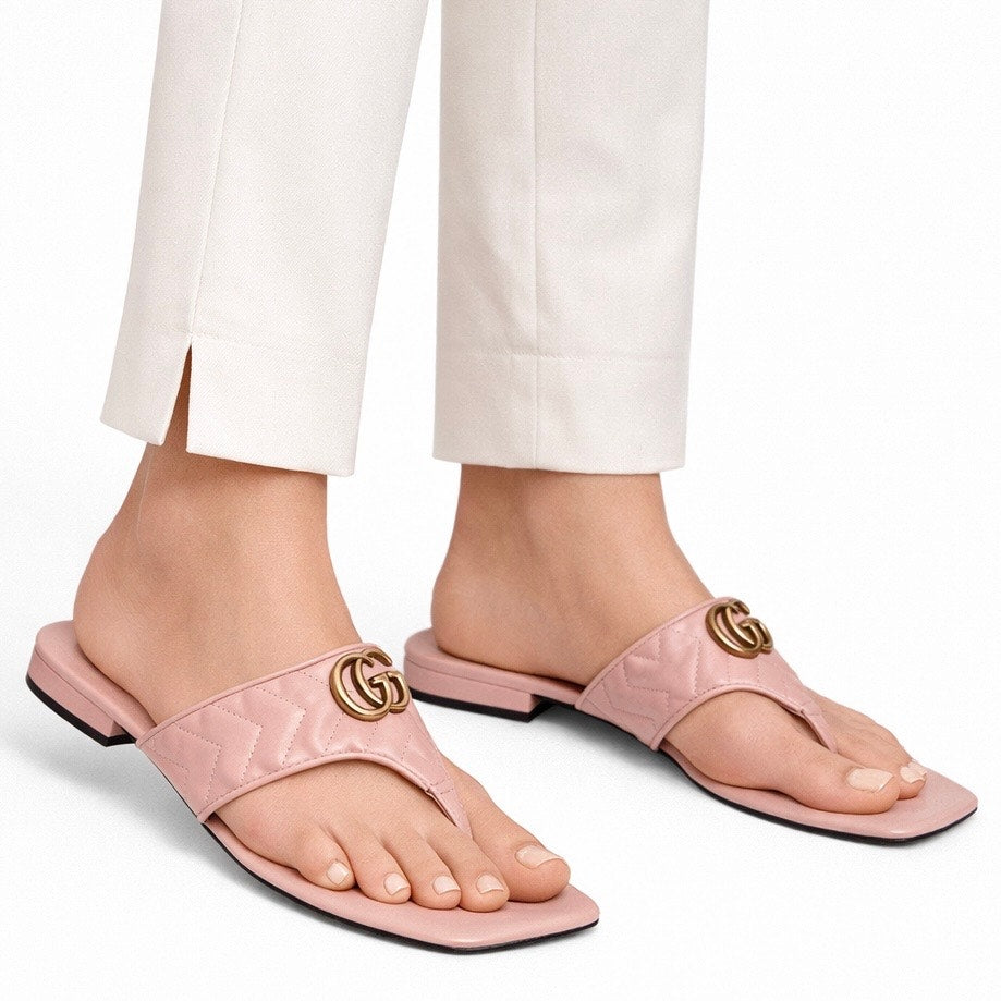 Gucci GG Logo Marmont Leather Thong Flat Sandals Pink Gold Size 37.5
