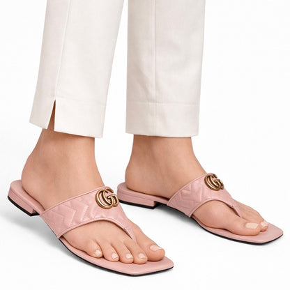 Gucci GG Logo Marmont Leather Thong Flat Sandals Pink Gold Size 37.5