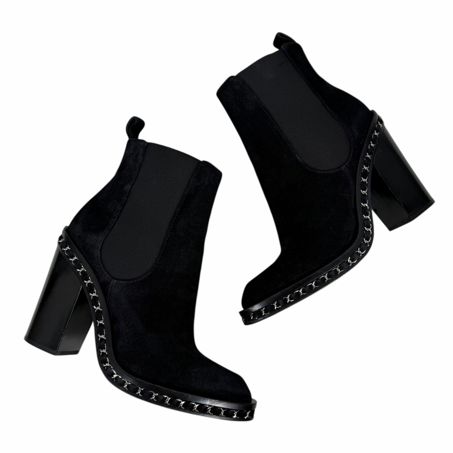 Chanel Interlocking CC Logo Heel Chain Suede Ankle Boots Black Size 40