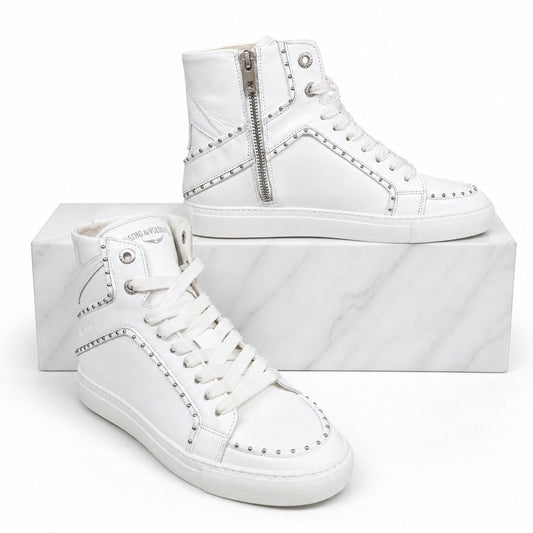 Zadig & Voltaire High Flash Studded Leather High Top Sneaker White Size 40