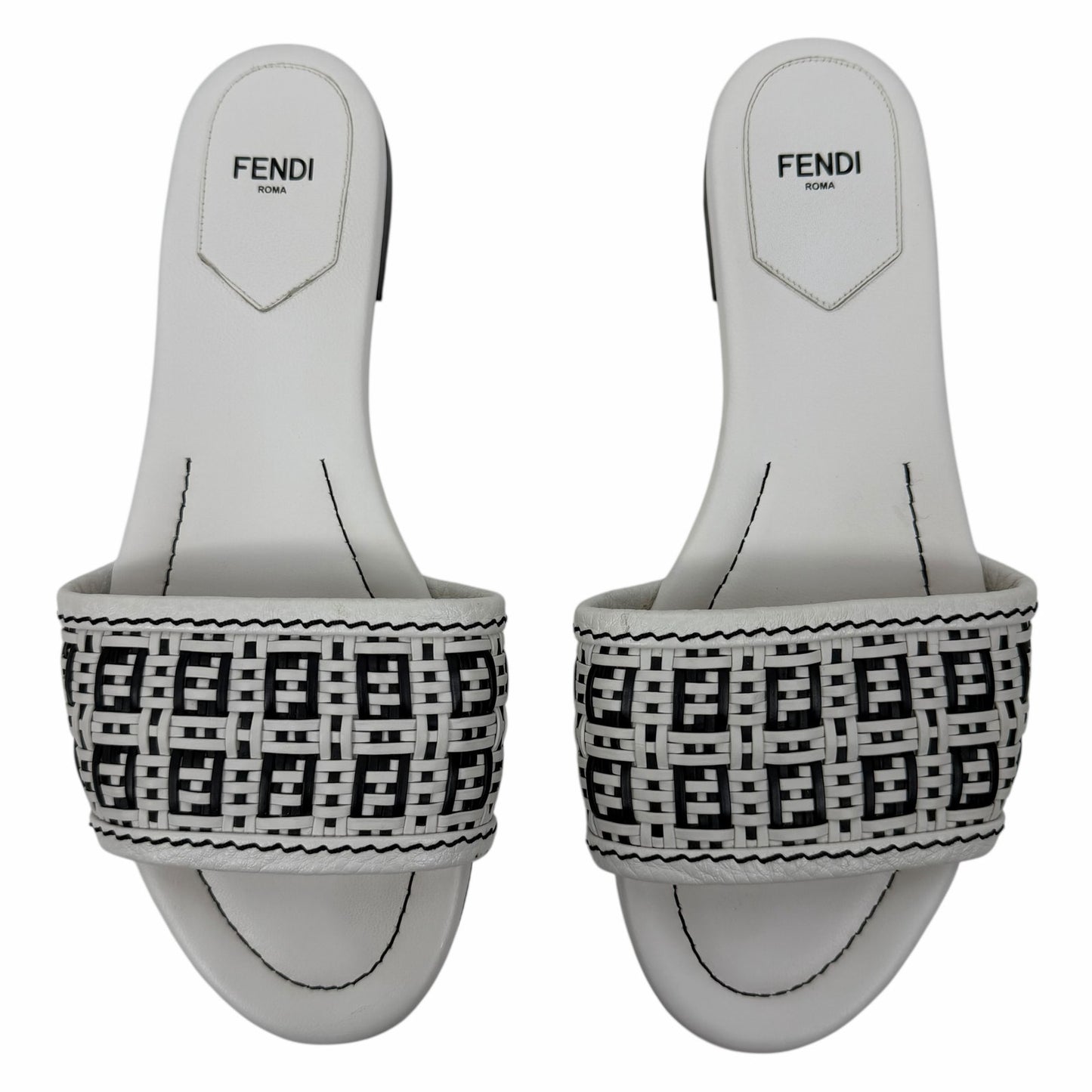 Fendi Rafia Weave Logo Leather Slide Sandal White Black Size 38.5