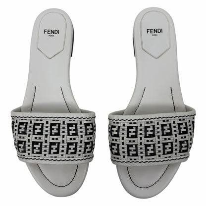 Fendi Rafia Weave Logo Leather Slide Sandal White Black Size 38.5