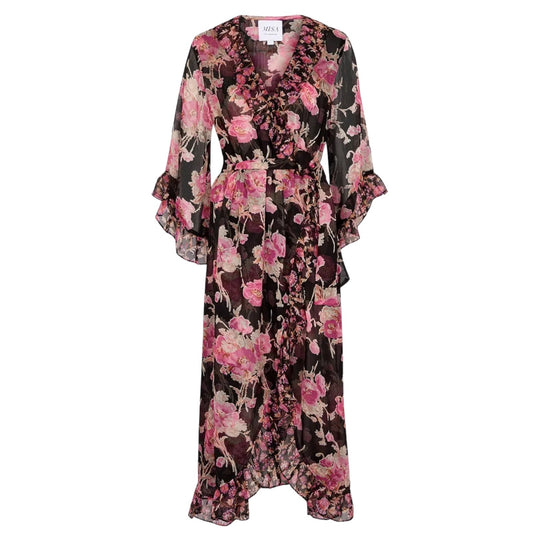 MISA Los Angelos Naia Floral Print Chiffon Wrap Midi Dress Size XS