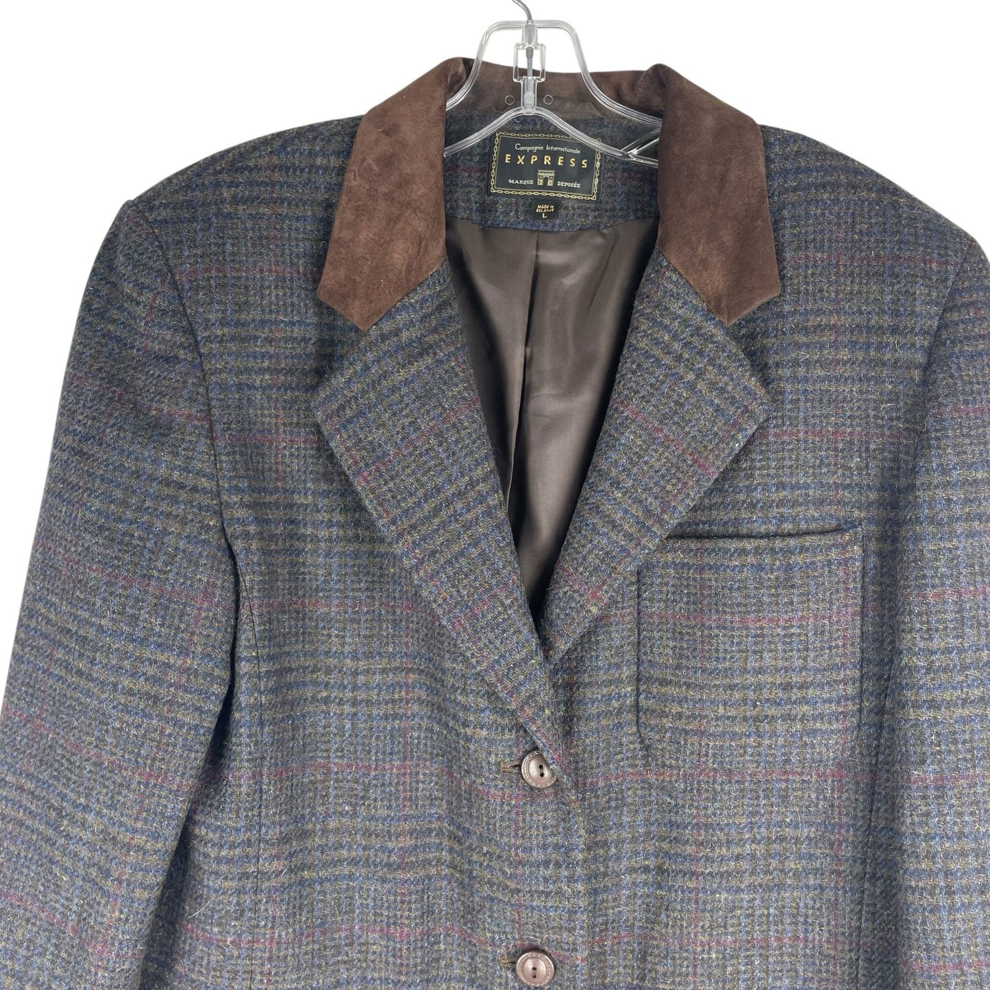 Express Suede Collar Wool Plaid Blazer Jacket Suede Gray Brown Size L
