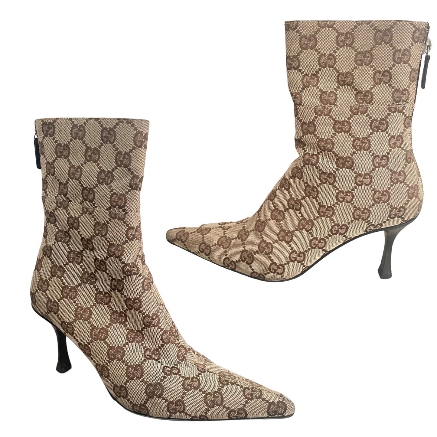 Gucci Brown Beige GG Monogram Ankle Boots Pointed Toe Size 36C