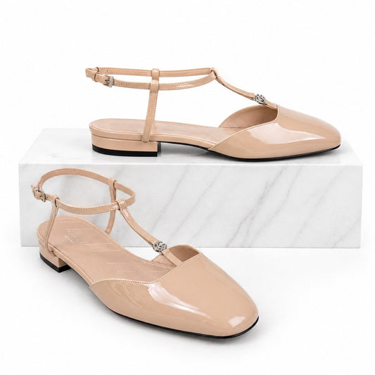 Gucci Double GG T Strap Patent Leather Ballet Flat Skin Rose Size 39.5