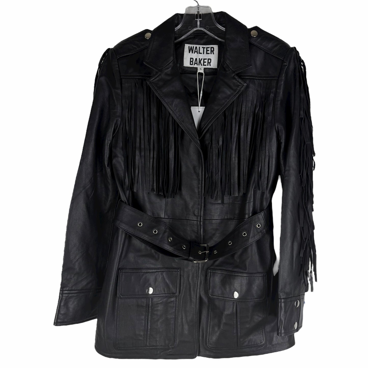 Walter Baker Linda Fringe Belted Lamb Leather Jacket Black Size S