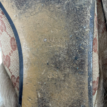 Gucci Princetown Fur Lined Mules Horsebit GG Monogram Natural Size 39.5