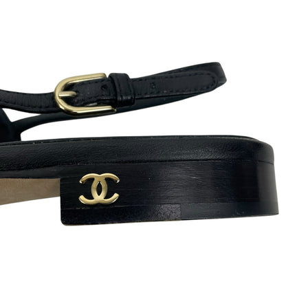 Chanel Camellia Pearl Logo Toe Ring Slingback Flat Sandal Black Size 37.5