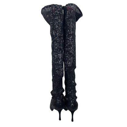 Manolo Blahnik Sequined Pascalare Over the Knee Boots Black Size 37.5