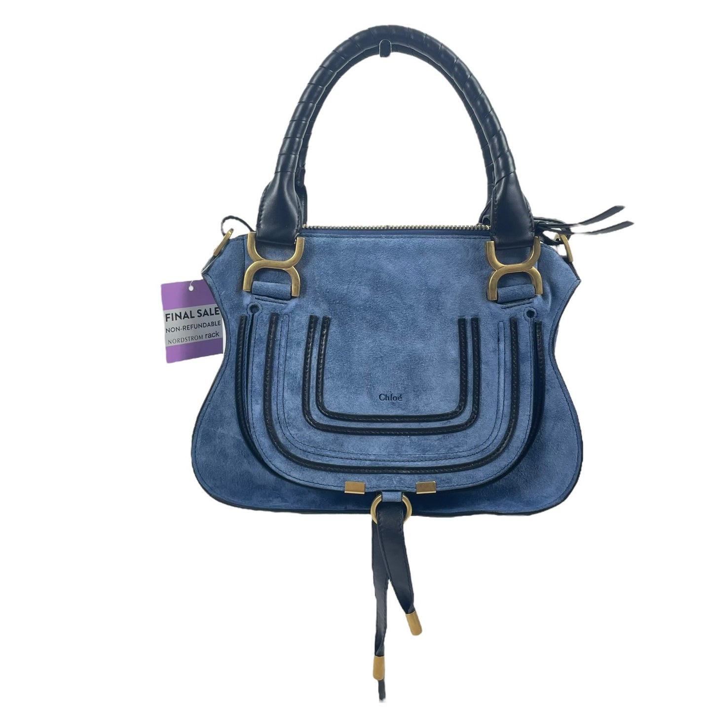 Chloe Small Marcie Double Carry Bag Satchel Suede Leather Trim Blue