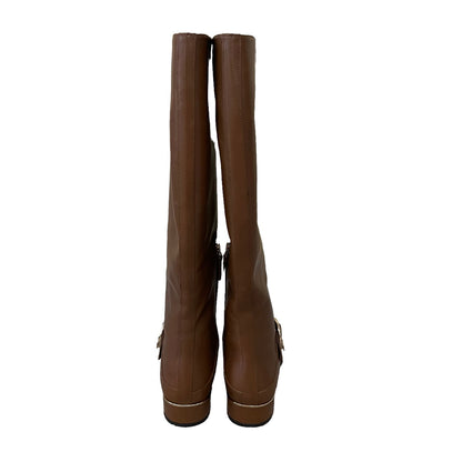 Tory Burch Sofia Tall Riding Boots Leather Logo Festive Brown Size 7