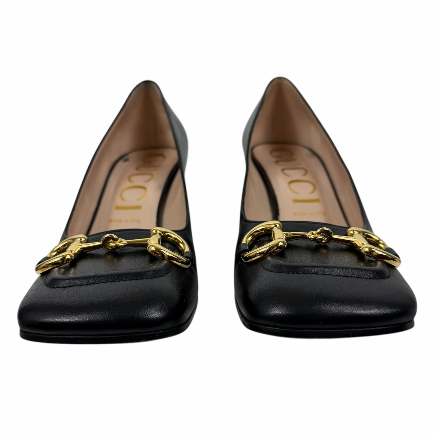 Gucci Horsebit Square Toe Leather Pump Block Heel Black Gold Size 41