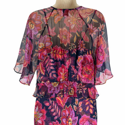 Johnny Was Jade Luxee Floral Silk Ruffle Maxi Dress Petria Pink Size XS