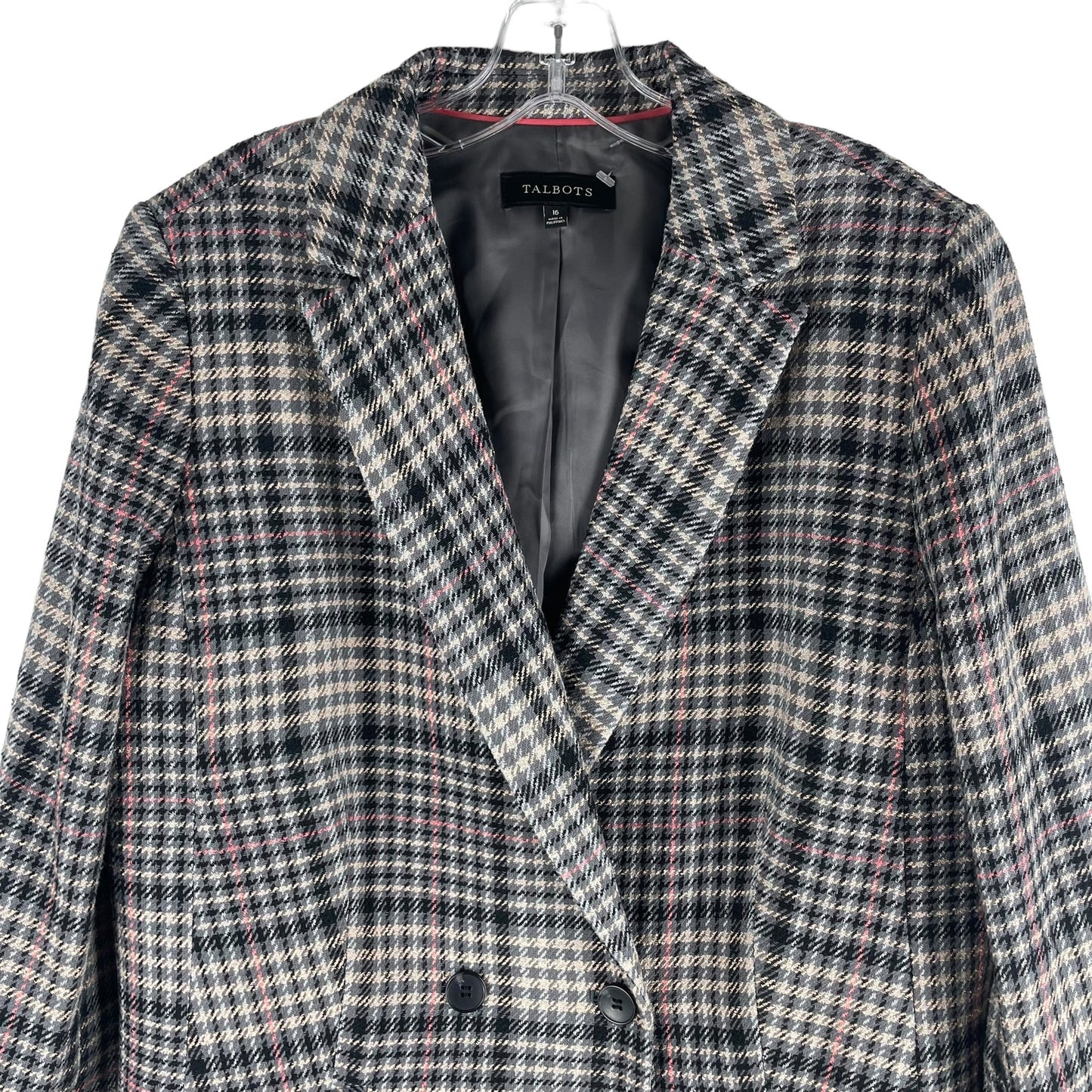 Talbots Double Breasted Bradwell Plaid Blazer Jacket Gray Pink Size 16