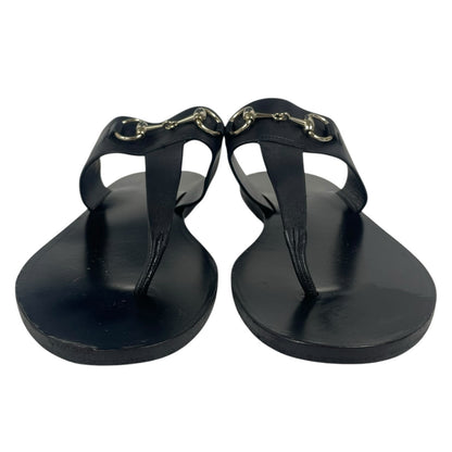 Gucci Horsebit Calf Leather Thong Sandal Slide Black Silver Size 37.5