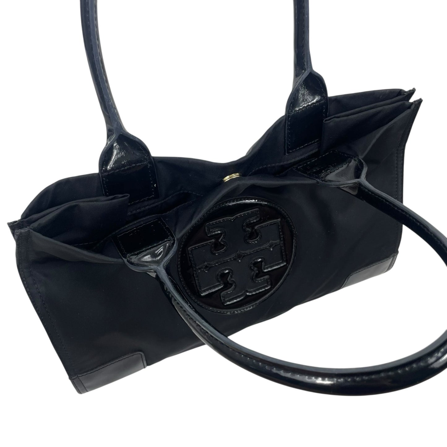 Tory Burch Black Small Ella Tote Bag Patent Leather Nylon Shoulder Bag