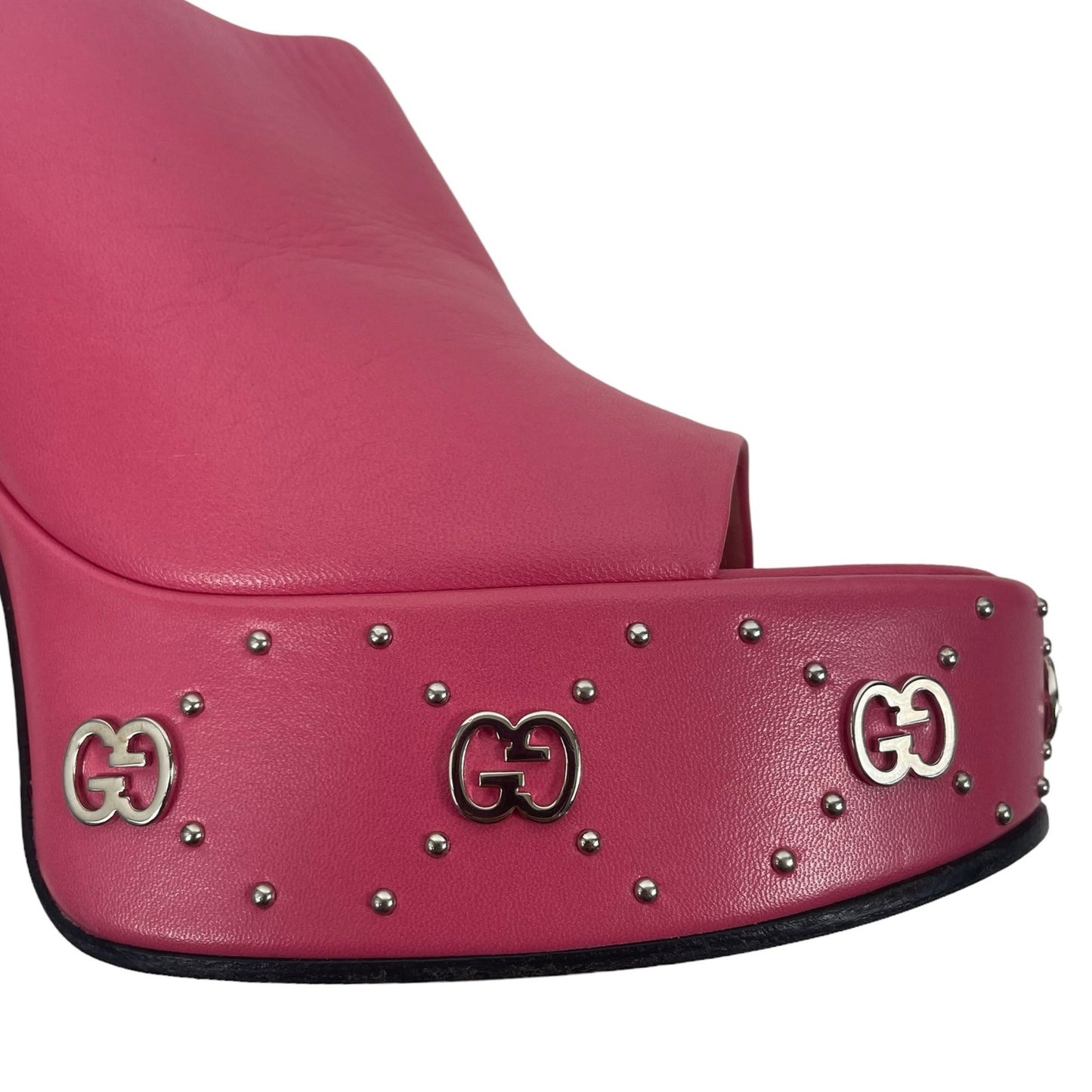 Gucci GG Studs Leather Platform Slide Sandal Rhodamine Pink Size 40