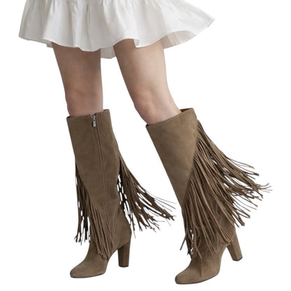 Dolce Vita Giano Fringed Knee High Heeled Boots Olive Suede Size 7.5