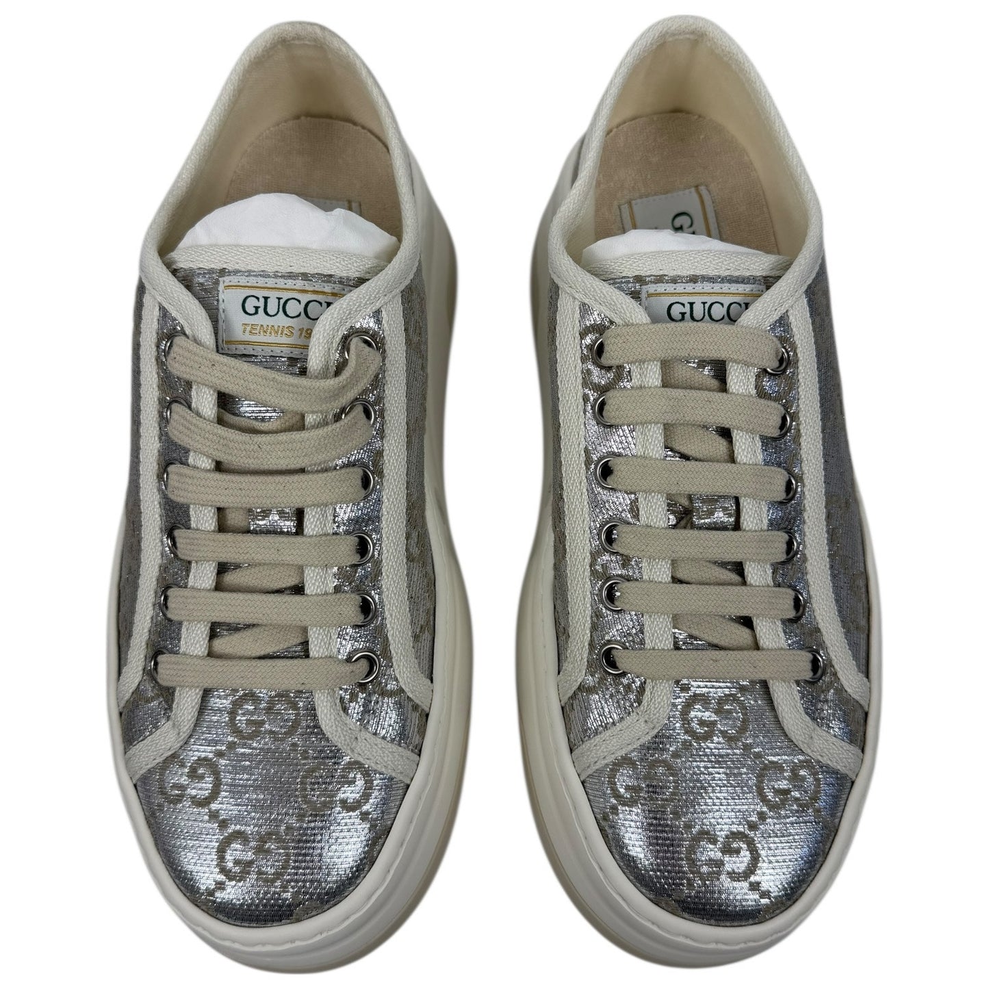 Gucci Tennis 1977 Treck GG Monogram Flatform Sneaker Silver Size 36