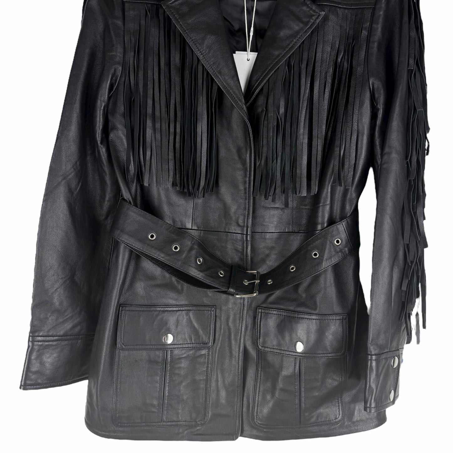 Walter Baker Linda Fringe Belted Lamb Leather Jacket Black Size S