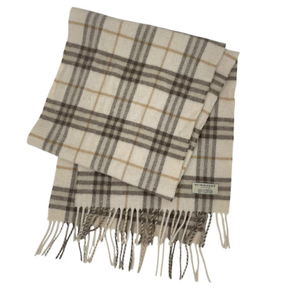 Burberry London Nova Check Plaid Fringe Lambswool Scarf Beige 55"x12"