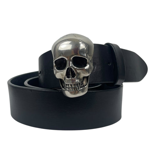 Alexander Mcqueen 3D Skull Black Leather Belt Silver Bucklet Size 90/36
