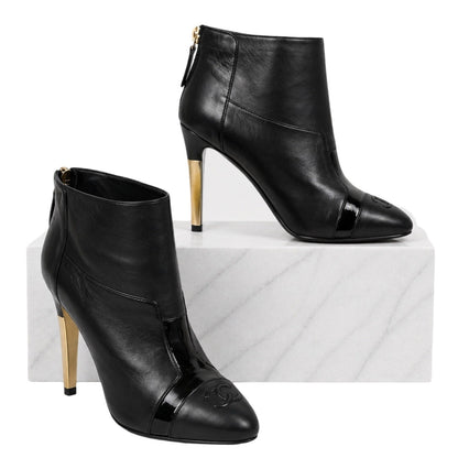 Chanel CC Logo Cap Toe Lamb Leather Heel Ankle Boots Black Size 38
