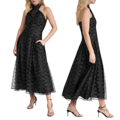 Shoshanna Olivia Metallic Scallope Mesh Halter Neck Black Dress Size 2