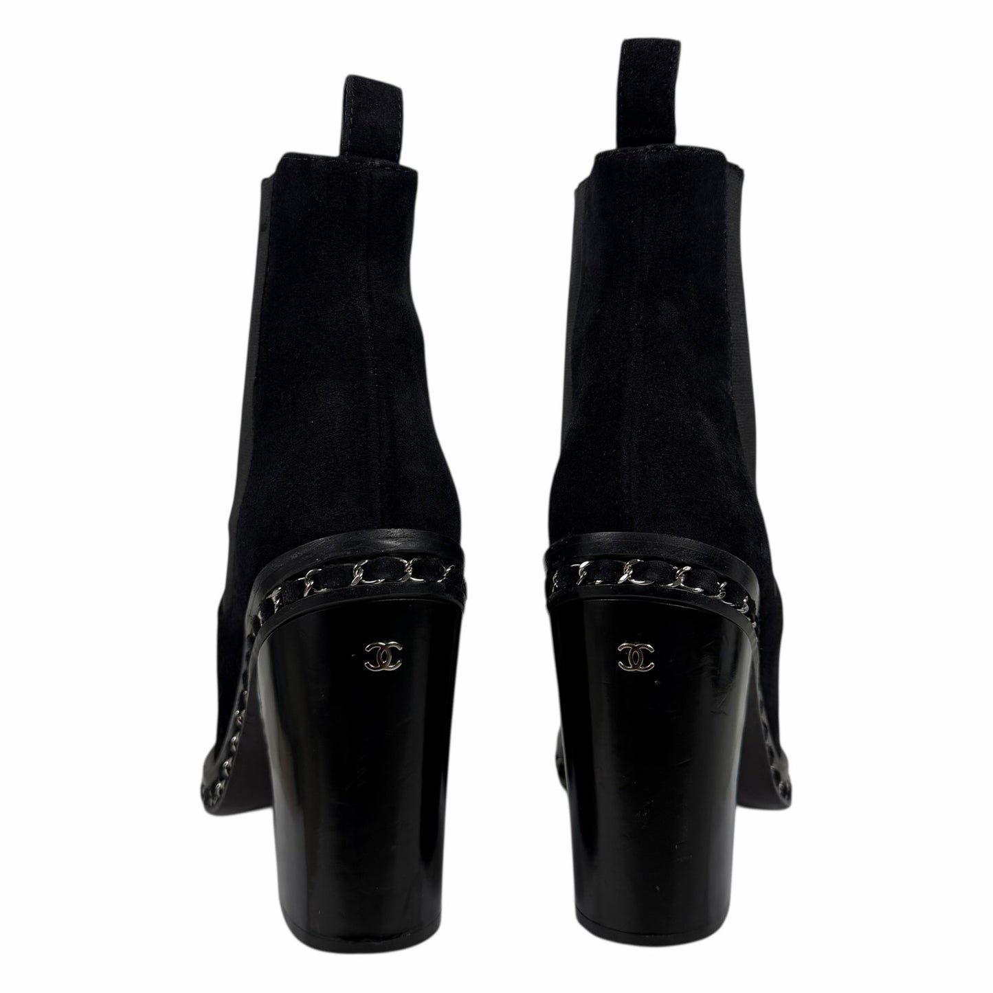 Chanel Interlocking CC Logo Heel Chain Suede Ankle Boots Black Size 40