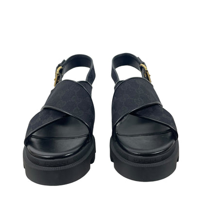 Gucci GG Supreme Lug Sole Sandals Canvas Slingback Black Size 41.5