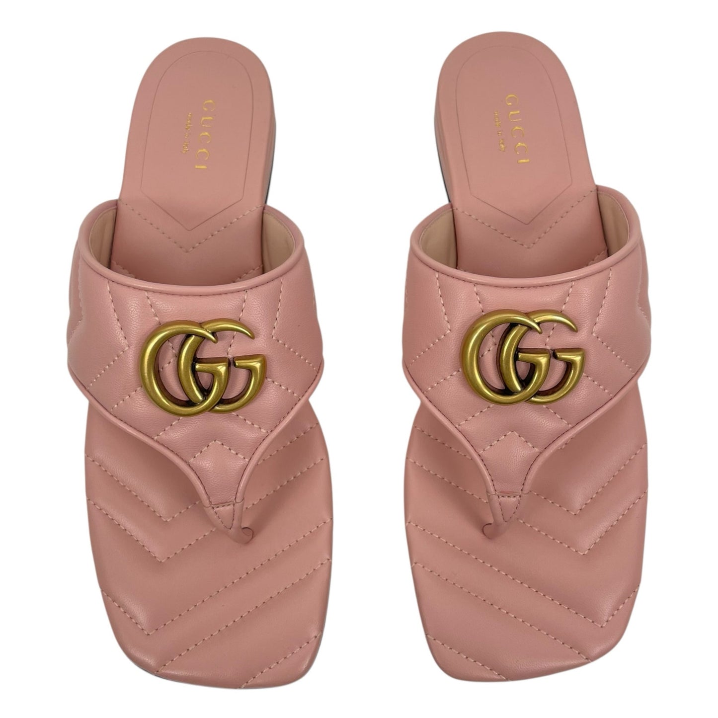 Gucci GG Logo Marmont Leather Thong Flat Sandals Pink Gold Size 37.5