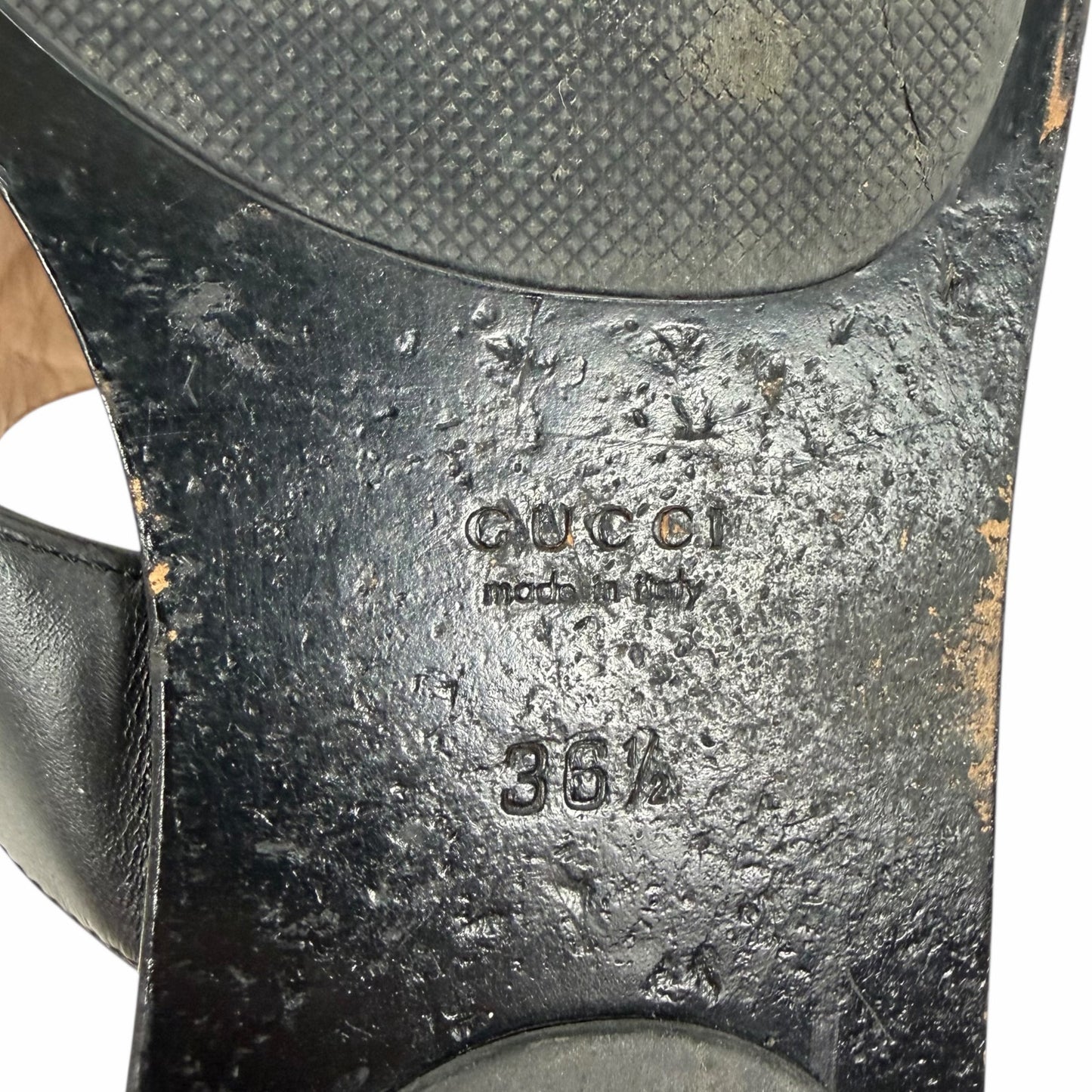 Gucci Black Leather Thong Sandal Gold Double G Logo Size 36.5